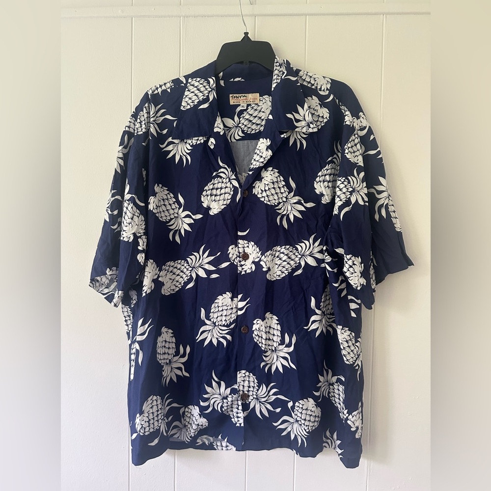 Vintage PINEAPPLE JUICE Men XL Logi Shirt Blue & White pineapples Made in Hawaii